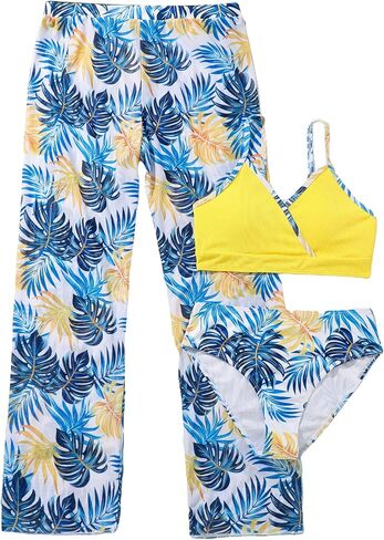 SHENHE Girl's 3 Pieces Bikini Bathing Suit Tropical Print High Waist Swimsuit Cover Up Sets in Kuwait