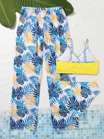 SHENHE Girl's 3 Pieces Bikini Bathing Suit Tropical Print High Waist Swimsuit Cover Up Sets in Kuwait