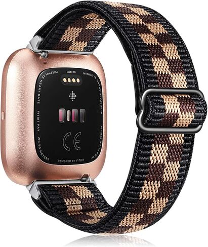 أربطة مرنة من FINTIE متوافقة مع Fitbit Versa 2 1، أشرطة بديلة قابلة للتمدد من النايلون بحلقة ناعمة وقابلة للتعديل، بني/أسود in Saudi Arabia
