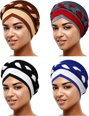 SATINIOR 4 Pieces African Women Turban Cap Head Wraps Beaded Headscarf Beanie Wrap in Saudi Arabia
