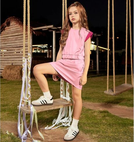 CHILDRENSTAR Girls 2 Pieces Tracksuit Summer Fall Crewneck Crop Tops and Skirts Pocketed Kids Casual Skort Sets in Kuwait