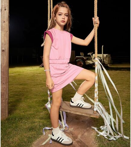 CHILDRENSTAR Girls 2 Pieces Tracksuit Summer Fall Crewneck Crop Tops and Skirts Pocketed Kids Casual Skort Sets in Kuwait