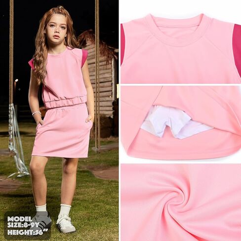 CHILDRENSTAR Girls 2 Pieces Tracksuit Summer Fall Crewneck Crop Tops and Skirts Pocketed Kids Casual Skort Sets in Kuwait