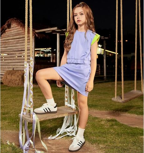 CHILDRENSTAR Girls 2 Pieces Tracksuit Summer Fall Crewneck Crop Tops and Skirts Pocketed Kids Casual Skort Sets in Kuwait