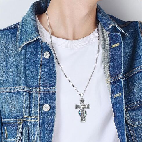 PELOVNY Jerusalem Cross Necklace 925 Sterling Silver Blue Opal Cross Pendant Necklace Religious Christian Jewelry Gifts for Women Men in Kuwait