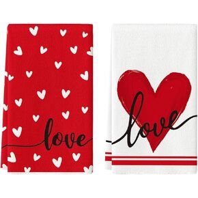Artoid Mode Red Heart Love Valentine's Day Kitchen Towels Dish Towels, 18x26 Inch Anniversary Wedding Farmhouse Decoration Hand Towels Set of 2