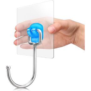 Antimbee 10-Pack Large Adhesive Hooks,Heavy Duty Adhesive Hooks 37 lb(Max),Sticky Wall Hooks fit Home,Bathroom,Kitchen,Office and Outdoor (Transparent Blue)