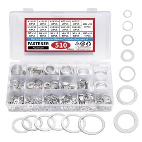 510Pcs Automotive Metric Oil Drain Plug Gasket, Crush Washer Set, 17 Sizes Aluminum Flat Washer Assortment Kit, M5 M6 M8 M10 M12 M14 M16 M18 M20 M22 M24, Assorted Washers.