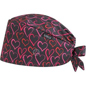 قبعات فرك مطبوعة على الوجهين من Black Heart Valentine للرجال والنساء مع أزرار، قبعات طبية مقاومة للكهرباء الساكنة قابلة للتعديل، قبعات جراحية أنيقة ومسامية مع عصابة رأس لساعات طويلة