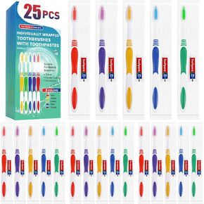 25 PCS Individually Wrapped Toothbrushes with Toothpaste Bulk, Disposable Toothbrushes Bulk, Bulk Toothpaste, Travel Toothpaste Bulk, Ergonomics Handle, Soft Bristle, Perfect for Travel,Hotel,Donation