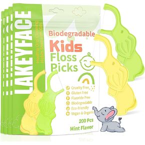 200 Count Biodegradable Kids Flossers, Cute Elephant Kids Floss Picks, No Fluoride BPA Free Eco Friendly Dental Floss Picks, Mint Flavored Flossers for Kids, 2 Colors, 50 Count (Pack of 4)