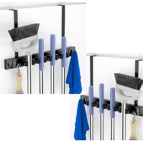 Broom Holder Door Mount, 2 Pack Over the Door Broom and Mop Holder, Drilling-Free Wood Mop Holder with Over Door Hooks 4 Slots & 4 Hooks Rusticfor Laundry, Garage, Closet, Kitchen Tool Rack Organizer