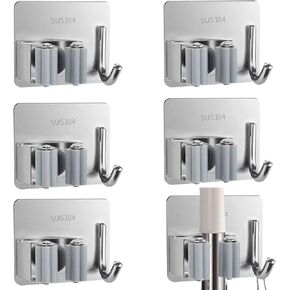 6Pcs Mop and Broom Holder Self-adhesive Wall Mount Broom and Mop Rack with Towel Hooks for Kitchen Bathroom Closet Garden Garage