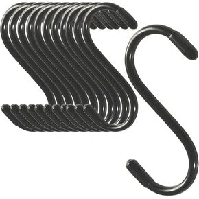 3 Inch Heavy Duty Vinyl Coated S Hooks, Rubber Coated S Hooks, Extra Thick Non Slip Metal S Hanger for Closet, Garden, Garage, Kitchen Hanging, Black, Pack of 12