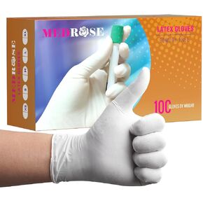 MedRose Medium Latex Gloves - 100 Count Rubber Gloves - Disposable Gloves Powder Free, Waterproof, White