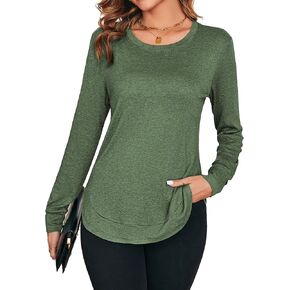POPZONE Women Tops Long Sleeve Crew Neck Shirt Casual Side Slit Sweatshirt