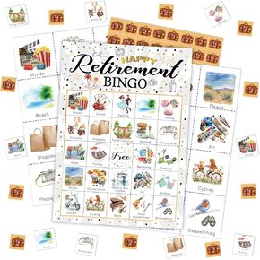 Retirement Party Bingo Card, Happy Retirement Party Bingo Game For Adults Friends Colleagues, Farewell Party Bingo Set, Black Gold Retirement Party Decorations, Office Bingo Games For 24 Players -03
