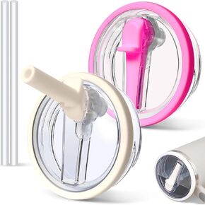 2 PCS 30 oz Spill Proof Tumbler Flip Straw Lid for Stanley Cup, Leak Proof Tumbler Lid Replacement Fit for Stanley Quencher, Reusable Tumbler Cover 30oz Stanley Cup Accessories (cream+pink)