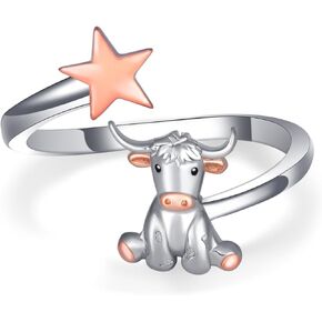 Longhorn Cow Ring 925 Sterling Silver Cute Texas Longhorn Ring Adjustable Texas Gifts for Women Western Style