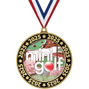 2.75" 2025 Mini Golf Medal Award, Gold Perimeter Team Trophy Award Includes Free Neck Ribbon Prime