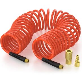 YESWELDER Air Compressor Hose, 1/4'' 25ft Polyurethane Recoil Air Hose with Bend Restrictor, 1/4 inch Pure Copper Quick Connector Fittings