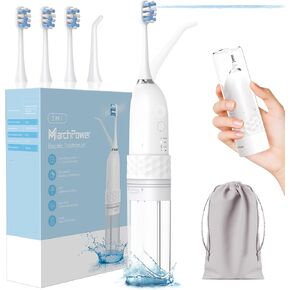 Portable Electric Toothbrush with Water Flosser, 2-in-1 Cordless Waterflosser Teeth Cleaning Kit 2.0, 3+3 Modes, 3 Brush Heads, 1 Jet Tip, IPX7 Waterproof Rechargeable Oral Irrigator for Travel Home