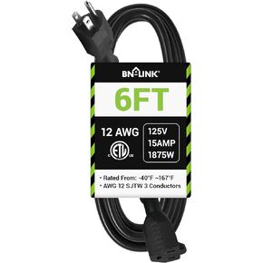 BN-LINK 6ft Outdoor Extension Cord, 12/3 SJTW Heavy Duty Power Cord, 3-Prong Grounded Plug, Weather Resistant, 15A, 1875W, Black, for Lawn, Garden, Appliances, ETL Listed