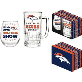 Team Sports America NFL Denver Broncos, Stemless 17 OZ Wine Glass & Beer Mug 16 OZ Gift Set with Box | Keeps Drinks Cold | Officially Licensed