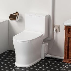 Upflush Toilet For Basement Macerating System, One-Piece Dual Flush Elongated Toilet, 4 Inlets Macerator Pump for Toilet Sink Shower Bathtub Washing Machine, Nano-glaze Finished, Space-saving