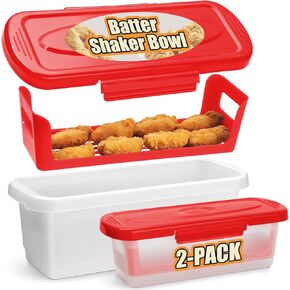 Batter Breader Shaker Bowl with Lid, 2-pack Mess Free Breading Shaker Bowl, Fish Batter Shaker Container with Breading Tray, Batter Bowl Shaker for Fish Frying Chicken Wings Fish Onion Rings Veggies