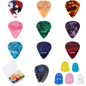 36pcs اختيارات الغيتار غير المنقولة ، 3 سماكة 0.46/0.71/0.96 ملم تختار الغيتار السليلويد مع حماة إصبع الغيتار واختياره لصالح الغيتار الكهربائي الصوتي القيثارة