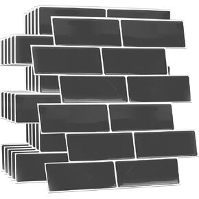 WALPLUS Premium 12 Sheets Peel and Stick Kitchen Backsplash Tile Stickers Self Adhesive Stick on Subway Tile 12" x 6" Bathroom Backsplash Water Heat Resistant 3D Wall Tiles Dark Gray Glossy
