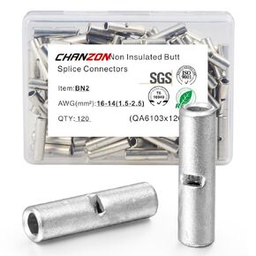 Chanzon 120pcs 16-14AWG Non Insulated Butt Connectors BN2 Pure Copper 0.8mm Thickness Terminal for Wire Gauge Crimp Ferrule Terminals