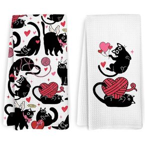 Black Cat Valentines Kitchen Towels and Dishcloths Set of 2, Cat Dish Towels, Black Cat Gifts for Cat Lovers, Red Heart Black Cat Decorative Hand Tea Towels for Bathroom Kitchen, 16x24Inches