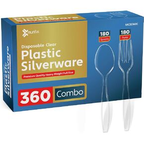 360 Count Plastic Silverware Set, 180 Clear Plastic Forks, 180 Plastic Spoons, Heavy Duty BPA Free Disposable Plastic Cutlery Set, Premium Clear Plasticware for Party Supplies