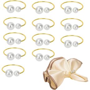 NIIIYTYB 12Pcs Pearl Napkin Rings Elegant Vintage Gold Napkin Ring Holders for Wedding Dinner Party or Formal Dining Teapot White Rings for Napkins Napkin Holders Buckles for Table Decor