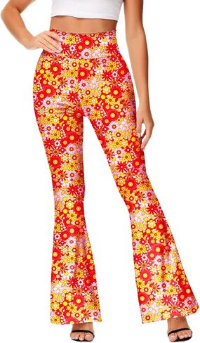 Deerose 70s Bell Bottom Pants for Women Hippie Floral Print Legging High Waisted Boho Flare Pants 2XL in Kuwait