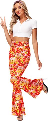 Deerose 70s Bell Bottom Pants for Women Hippie Floral Print Legging High Waisted Boho Flare Pants 2XL in Kuwait
