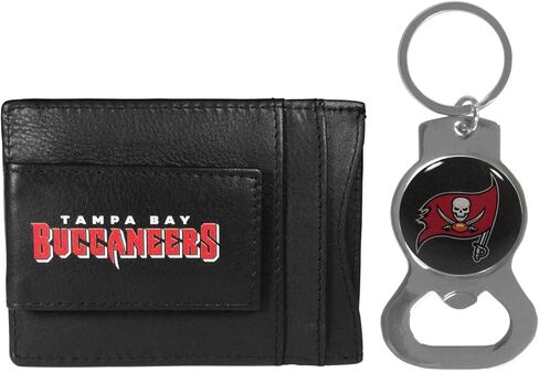 Siskiyou NFL Bottle Opener Keychain Bundle - Minimalist Leather ID Card Holder - Stay Organized & Show Off Your Team Spirit (Tampa Bay Buccaneers - Black) in Saudi Arabia