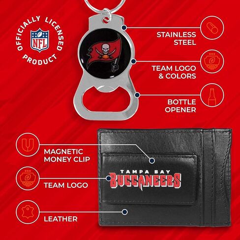 Siskiyou NFL Bottle Opener Keychain Bundle - Minimalist Leather ID Card Holder - Stay Organized & Show Off Your Team Spirit (Tampa Bay Buccaneers - Black) in Saudi Arabia