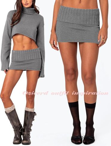 Knit Bodycon Mini Skirts for Women High Waisted Fold Over Low Rise Y2k Cute Short Skirt Wrap Pencil Skirt Skort in Kuwait