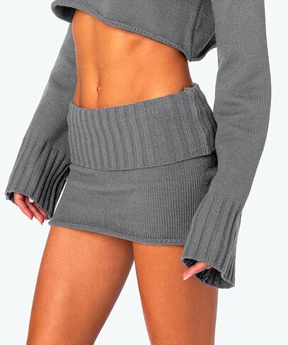 Knit Bodycon Mini Skirts for Women High Waisted Fold Over Low Rise Y2k Cute Short Skirt Wrap Pencil Skirt Skort in Kuwait