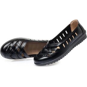 Women's Leather Hollow Slip on Soft Flats,Summer Round Toe Comfortable Breathable Lazy Non Slip Walking Loafers Non-Slip Work Shoes
