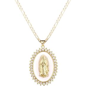 Gold Guadalupe Virgin Mary Necklace for Women Men Teens, 14K Gold Plated Oval Zircon Inlay Oil Drip Virgin Mary Pendant with Stainless Steel Figaro Chain Necklace