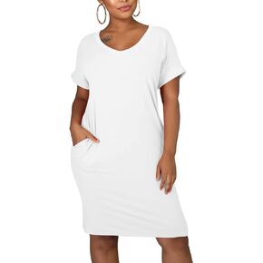 cailami Women's Summer V Neck Short Sleeve Midi Tshirt Dresses Casual Tunic Dress with Pockets