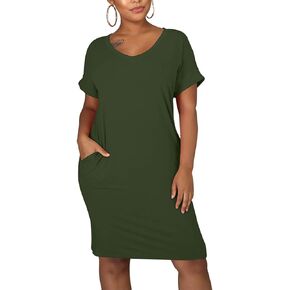 cailami Women's Summer V Neck Short Sleeve Midi Tshirt Dresses Casual Tunic Dress with Pockets