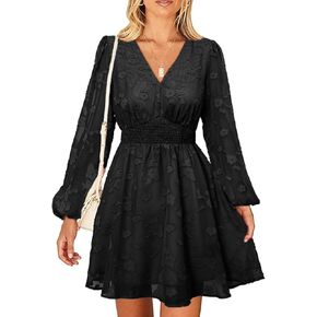 Simplee Women's Casual Boho Floral Mini Dress Bridesmaid Wedding Guest Dress Long Sleeve V Neck High Waist Fall Dress