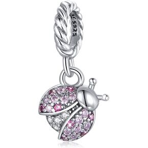 BISAER Ladybug Charms 925 Sterling Silver Cubic Zirconia Cute Ladybug Dangle Charms for Bracelet Necklace Christmas Gifts