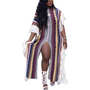 Tcremisa Women's Maxi Sweater Dress Casual Striped Ruffle Split Cable Knit Pullover Long Dresses