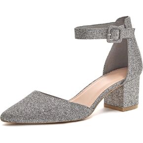 FISACE Womens Low Mid Square Heel Ankle Strap Sandal Office Ladies Pointed Toe Pumps Shoes